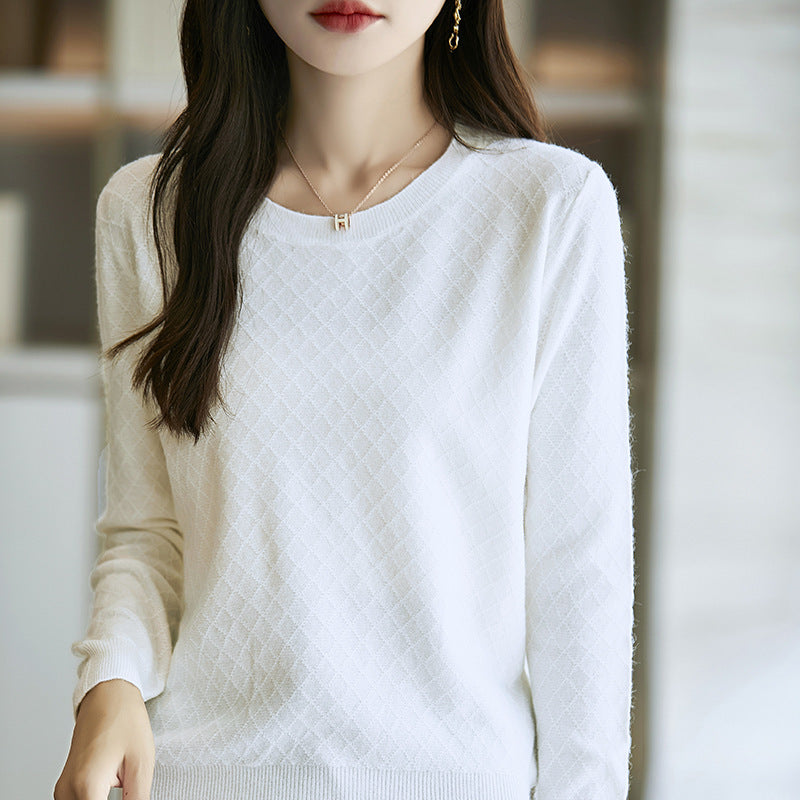Damen Lässiger Feinstrickpullover mit dezentem Rautenmuster und gerippten Bündchen Echoarchiv