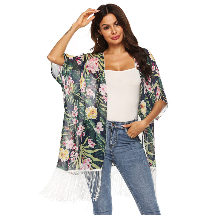 Damen Kimono mit floralem Design und Fransen Echo Archiv