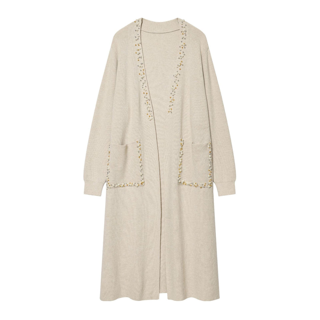Damen langer Strickcardigan mit Perlenbesatz und aufgesetzten Taschen Echo Archiv
