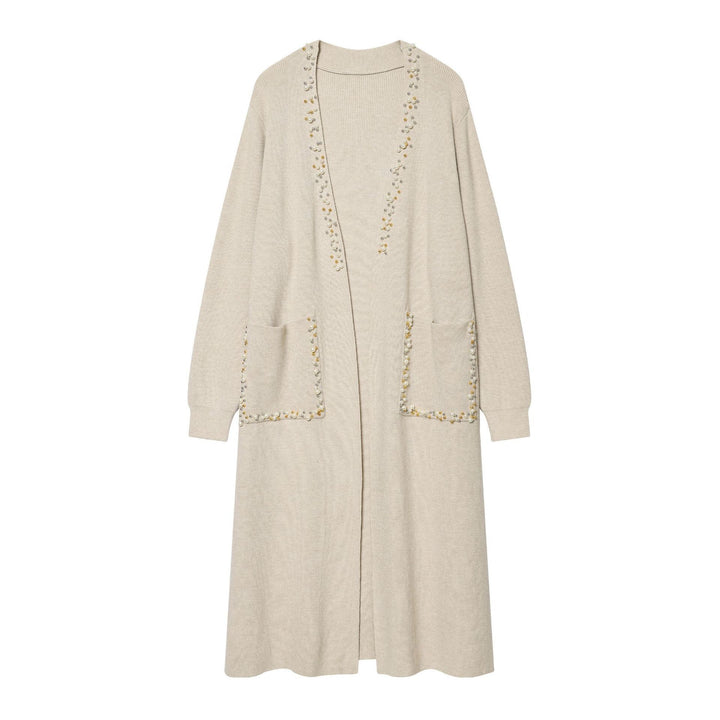 Damen langer Strickcardigan mit Perlenbesatz und aufgesetzten Taschen Echo Archiv