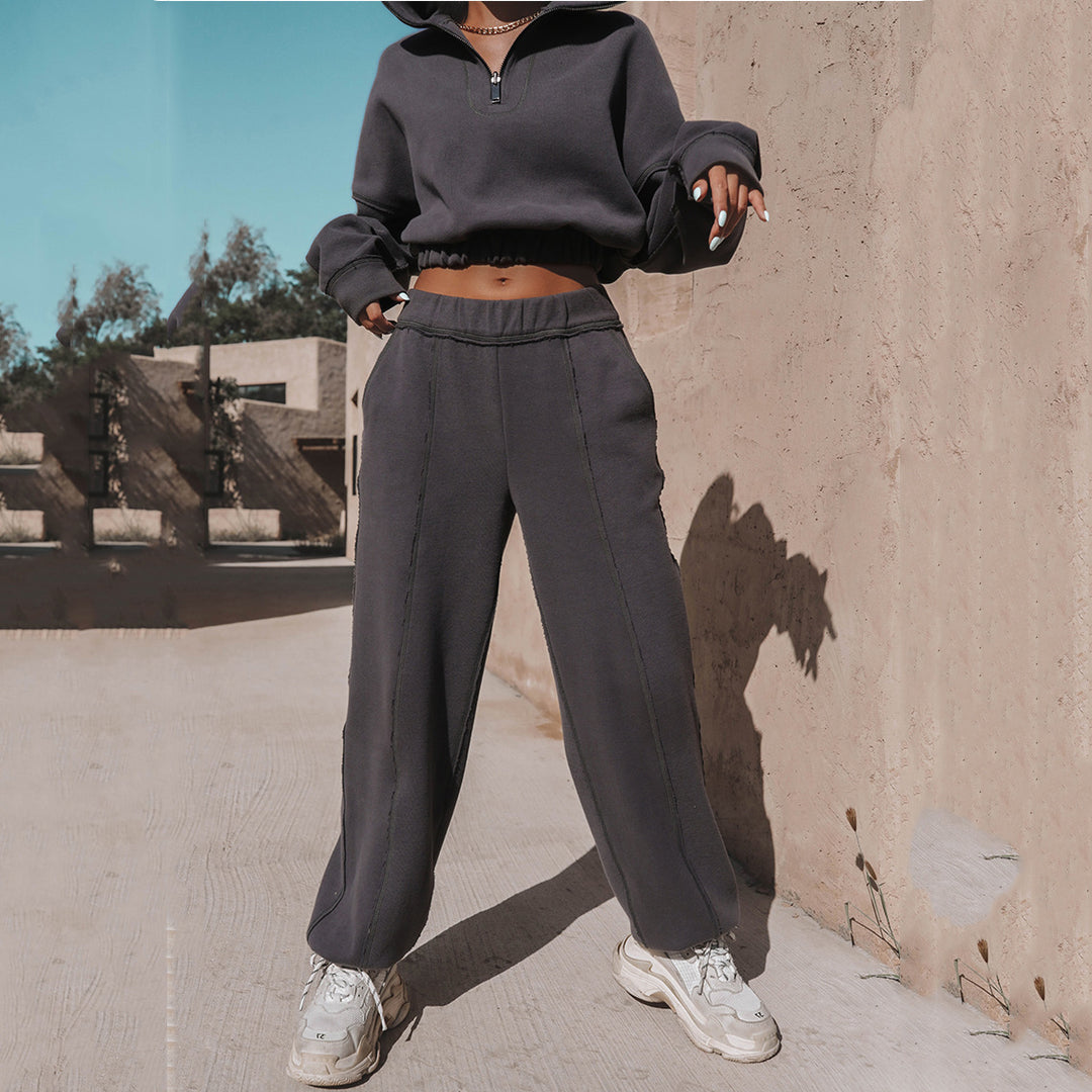 Damen nan kurzes Kapuzen-Sweatshirt mit halbem Reißverschluss elastischem Saum und Kontrastnähten Echo Archiv
