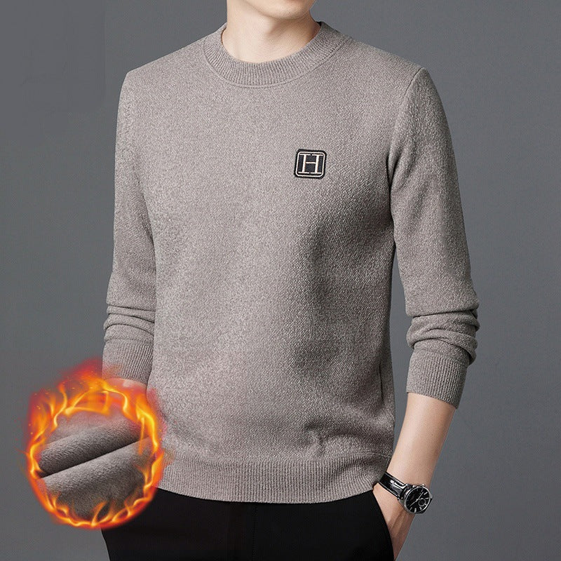Herren Feiner Thermo-Rundhalspullover aus wärmendem Microfleece mit Slim‑Fit und Logopatch Echoarchiv