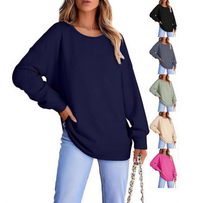 Damen Oversize Waffelstrickpullover mit Rundhals, Ballonärmeln und verlängertem Saum Echoarchiv