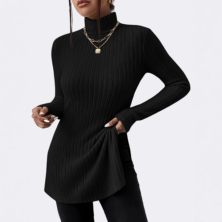 Damen Figurschmeichelnder gerippter Rollkragen-Longpullover mit Seitenschlitzen Echoarchiv