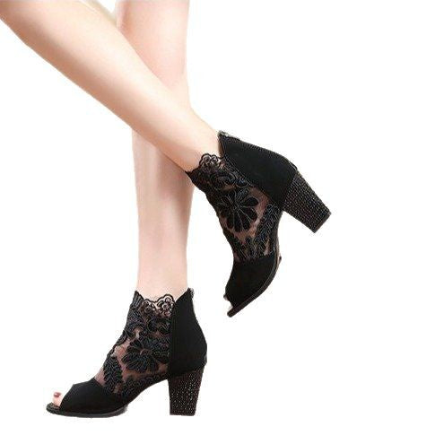 Damen Spitzen-Open-Toe Stiefelette mit floralem Sticknetz und dekorativem Blockabsatz Echo Archiv