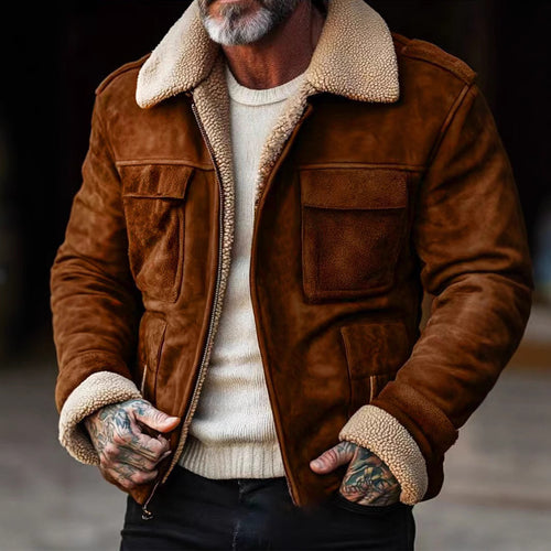 Herren nan Aviator-Lederjacke mit Lammfellimitat-Futter, aufgesetzten Brusttaschen und Reißverschluss Echo Archiv
