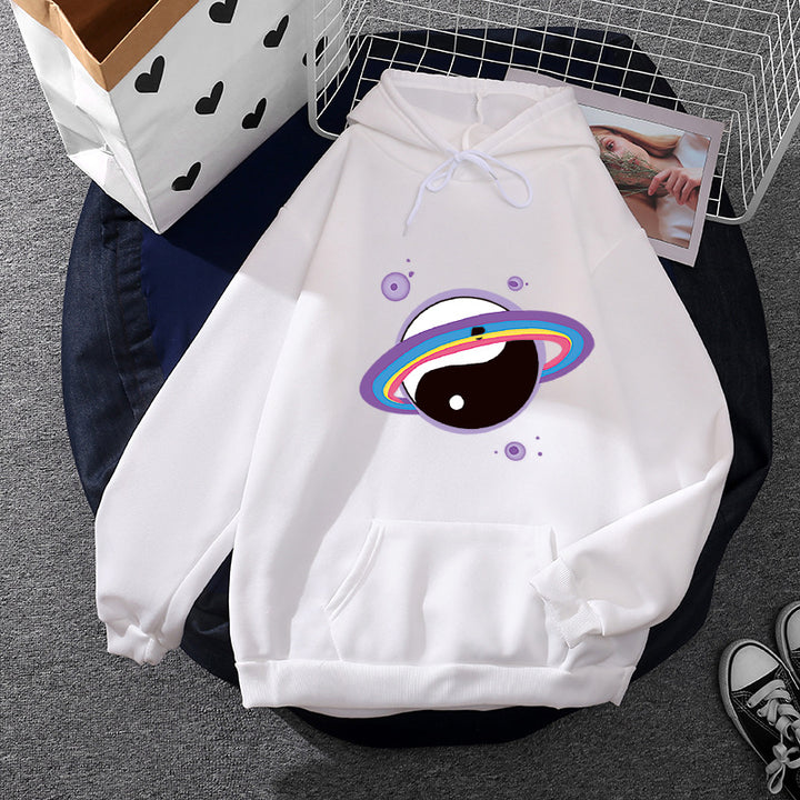 Damen Oversized Kapuzenpullover aus Baumwollmischung mit Planeten-Yin‑Yang-Grafik und Kängurutasche – Auréline