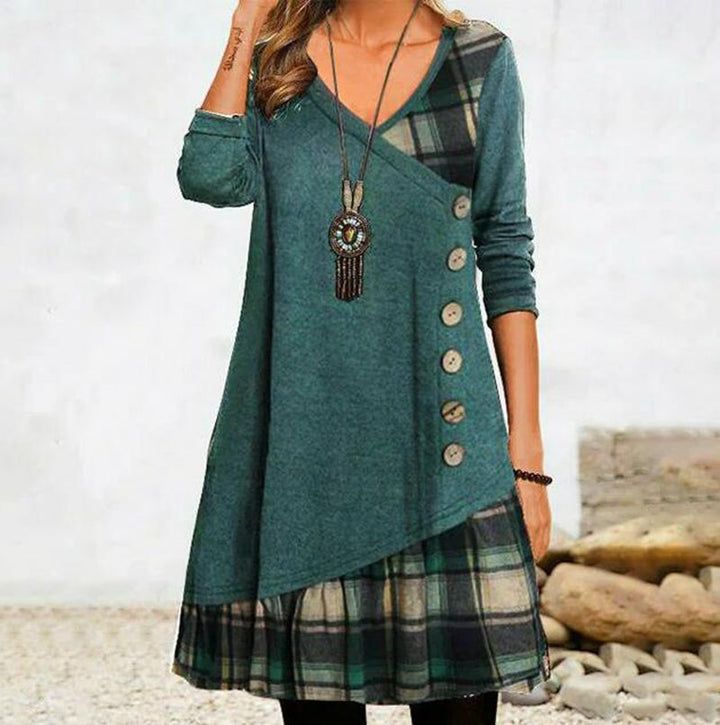 Damen nan asymmetrisches V-Ausschnitt-Tunika-Kleid mit Zierknopfleiste und Animalprint-Besatz Echo Archiv