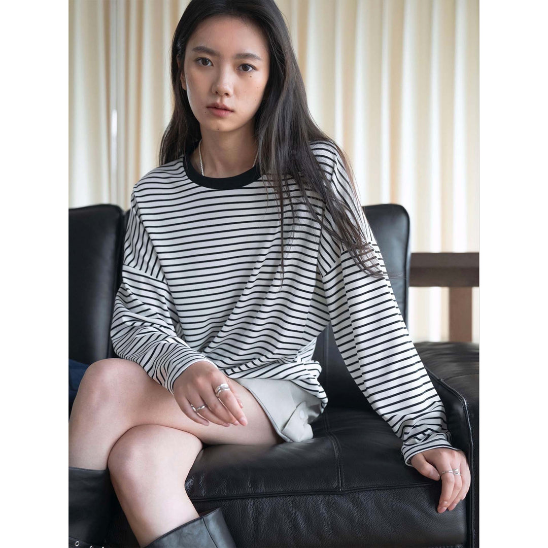 Damen Oversized Streifen-Langarmshirt mit kontrastierendem Rundhalsausschnitt Echoarchiv