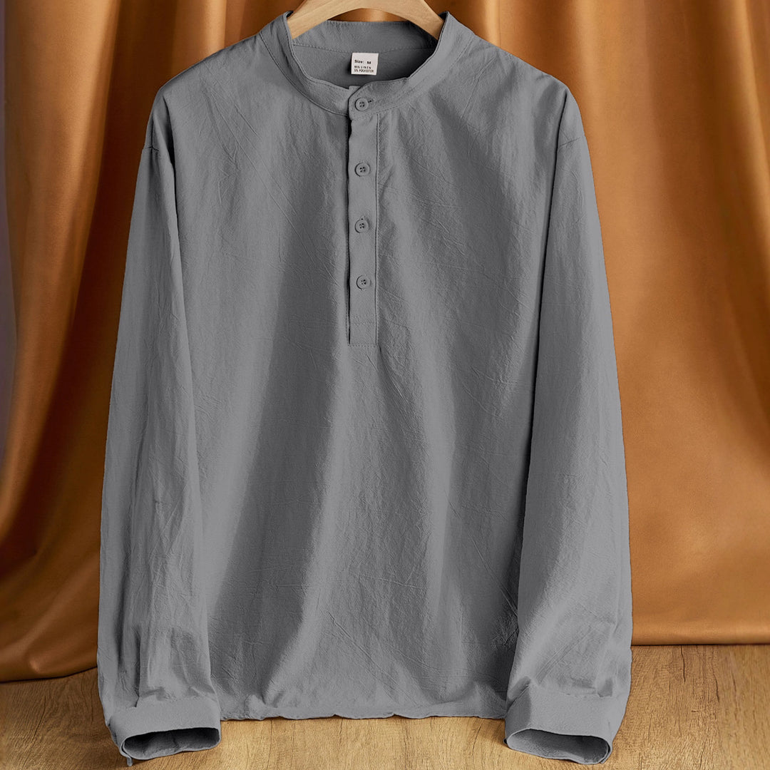 Herren nan Nehru-Kragen-Henley aus Baumwollstretch mit verdeckter Knopfleiste und schmaler Passform Echo Archiv