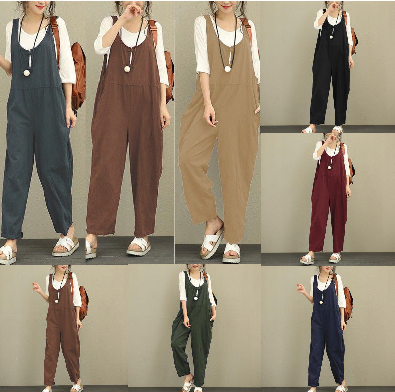 Damen Lässiger Harem-Overall aus Leinen mit verstellbaren Trägern und Seitentaschen Echo Archiv