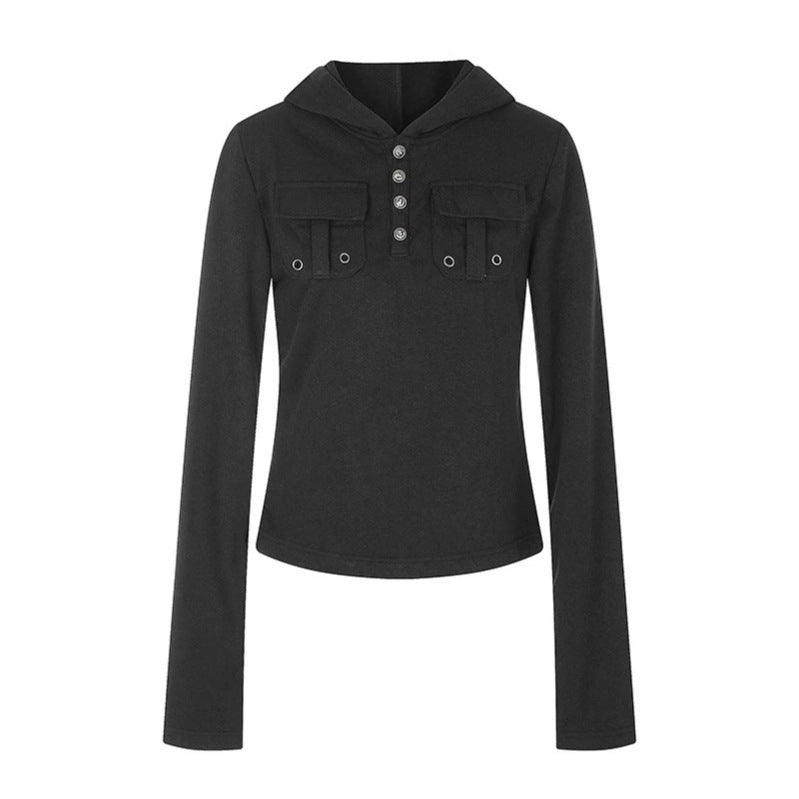 Damen Leichtes Kapuzen-Langarmshirt mit Henley-Knopfleiste und aufgesetzten Brusttaschen Echoarchiv