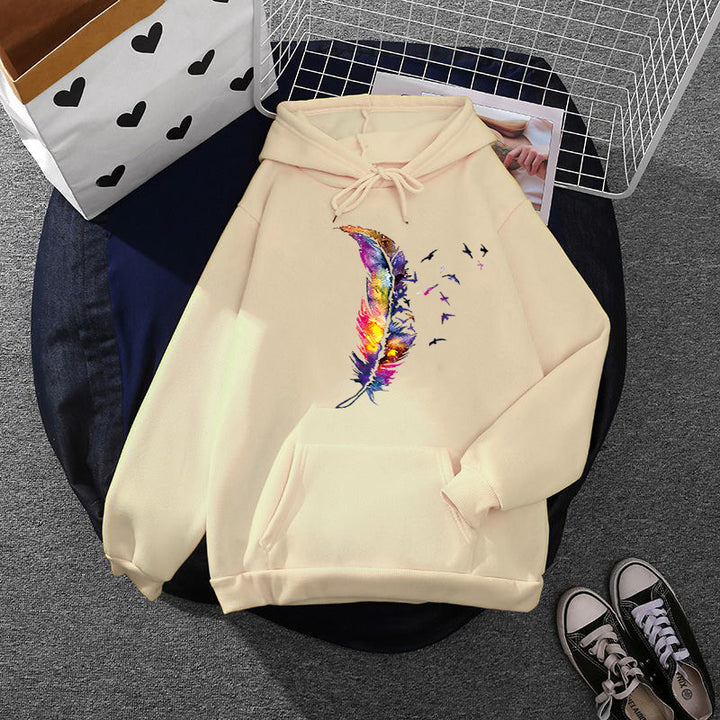 Damen Kapuzenpullover mit künstlerischem Aquarell‑Federmotiv, Oversize‑Schnitt und Kängurutasche – Auréline
