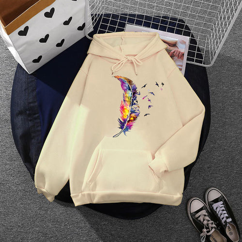 Damen Kapuzenpullover mit künstlerischem Aquarell‑Federmotiv, Oversize‑Schnitt und Kängurutasche – Auréline