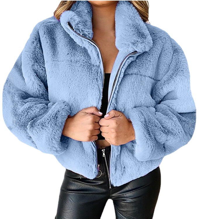Damen nan kurze kuschelige Kunstpelzjacke mit Stehkragen und Reißverschluss Echo Archiv