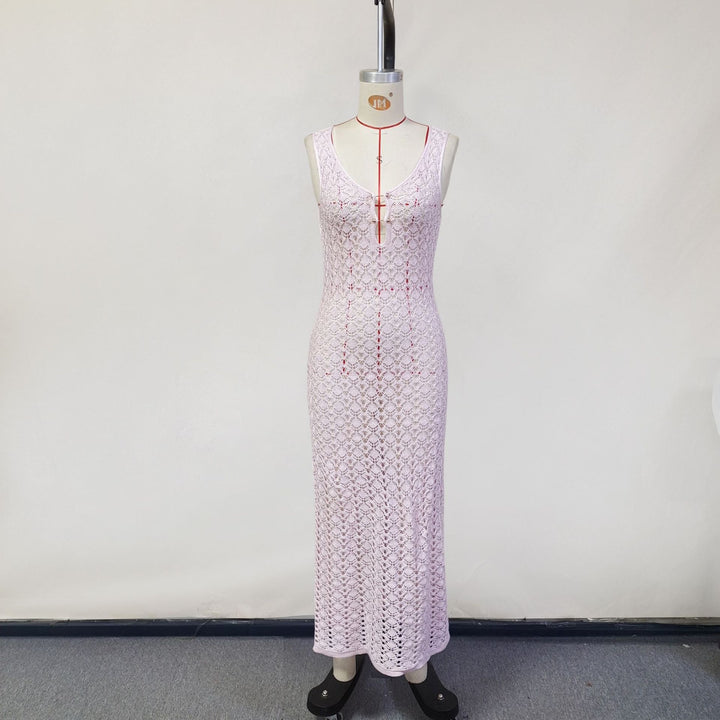 Damen Elegantes Netzkleid mit tiefem V-Ausschnitt und Knopfdetails Echo Archiv
