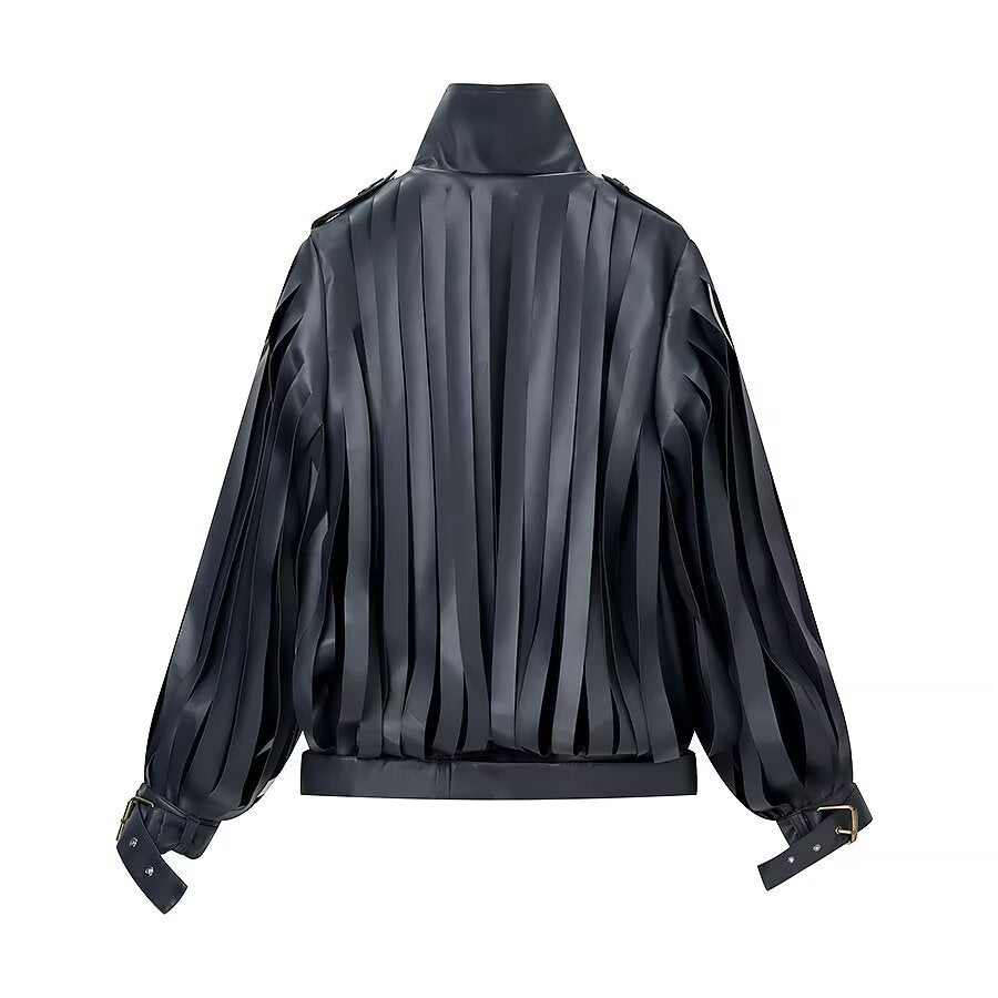 Damen Lederimitat‑Fransenblouson mit Stehkragen und Taillengürtel Echo Archiv