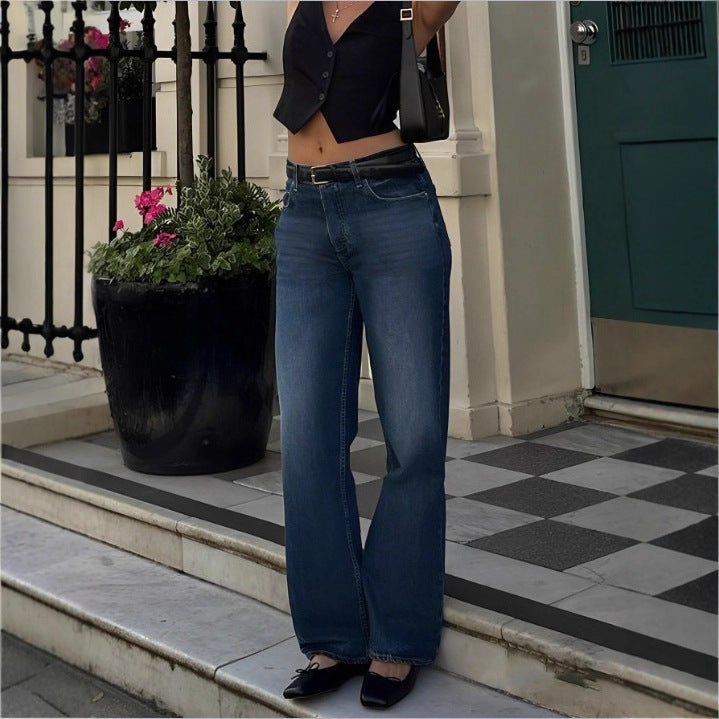 Damen Hochtaillierte Wide‑Leg Denim‑Jeans mit geradem Saum und leichtem Used‑Effekt Echo Archiv