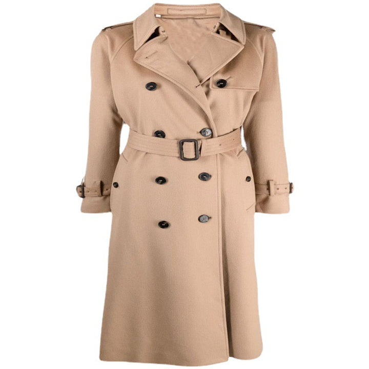 Damen Midilanger Wollmix-Trenchcoat im Tailoring mit Doppelreihe, Taillengürtel und Epauletten Echoarchiv