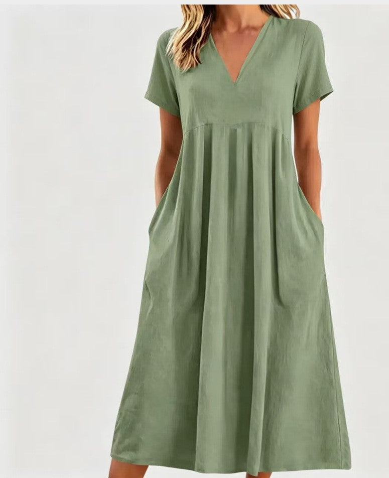 Damen nan legeres V-Ausschnitt-Midikleid mit Eingrifftaschen und geraffter Empirenaht Echo Archiv