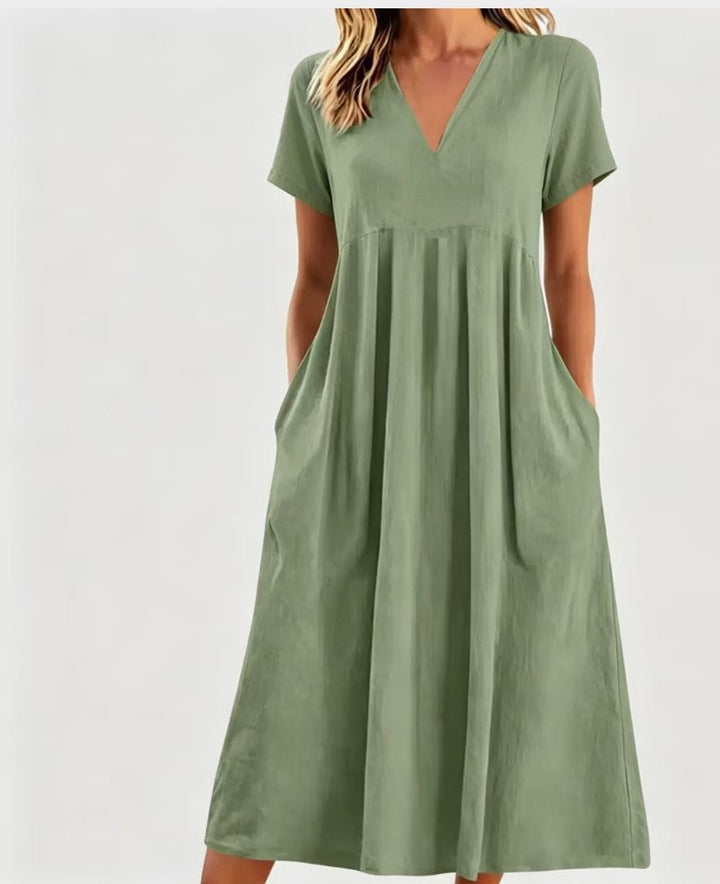 Damen nan legeres V-Ausschnitt-Midikleid mit Eingrifftaschen und geraffter Empirenaht Echo Archiv