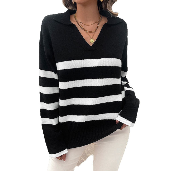 Damen lässiger V‑Ausschnitt Strickpullover mit Polokragen, gerippten Ärmelsäumen und markanten Blockstreifen – Mavelle