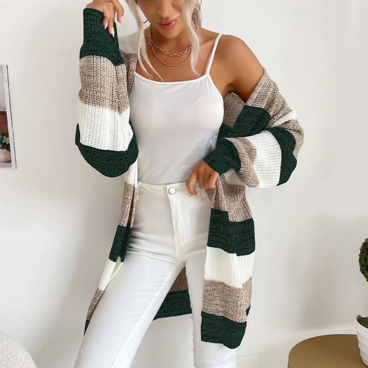 Damen Longline Strickcardigan mit breiten Blockstreifen, offener Front und überschnittener Schulter Echoarchiv