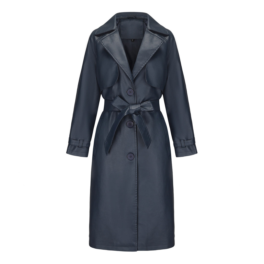 Damen nan langer taillierter Kunstleder-Trenchcoat mit Bindegürtel Echo Archiv