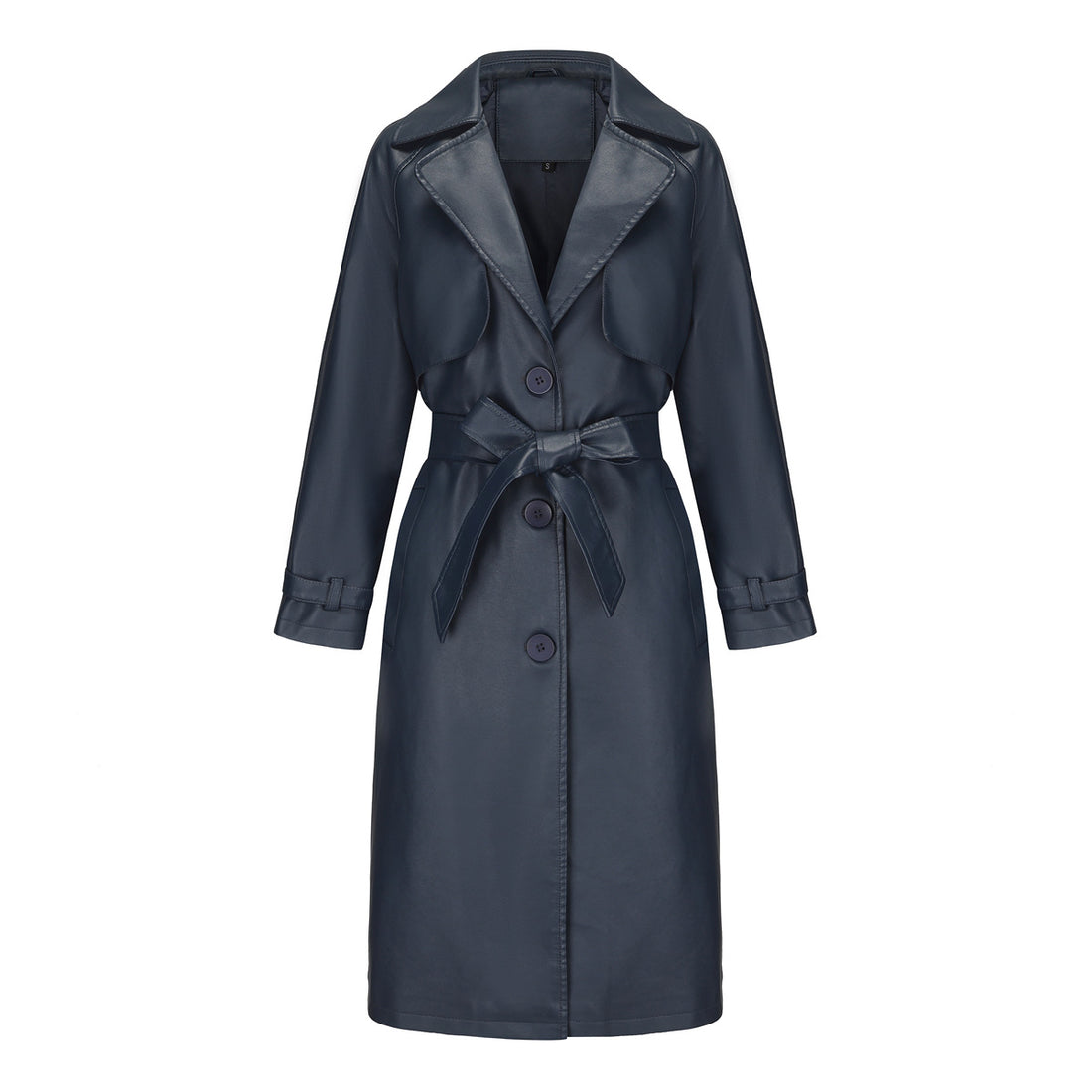 Damen langer taillierter Kunstleder-Trenchcoat mit Bindegürtel – Avérine