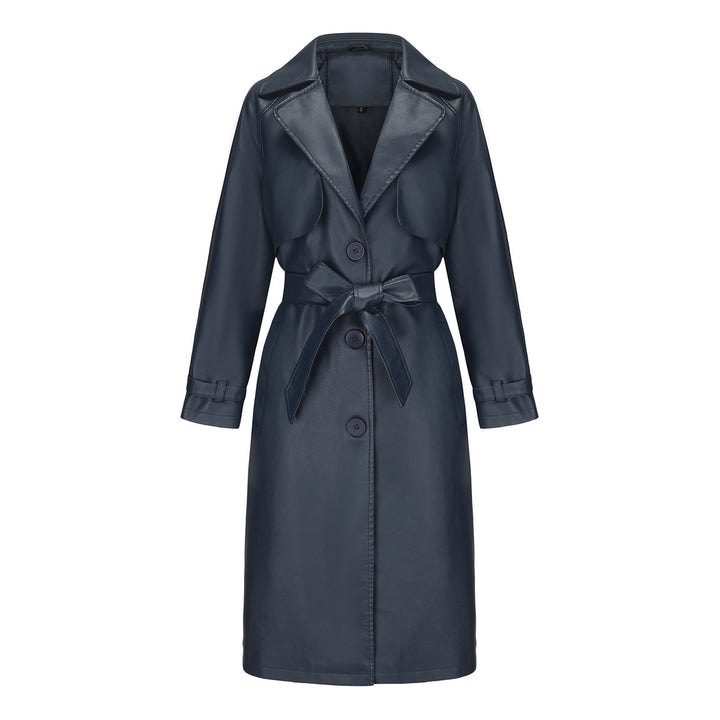 Damen nan langer taillierter Kunstleder-Trenchcoat mit Bindegürtel Echo Archiv
