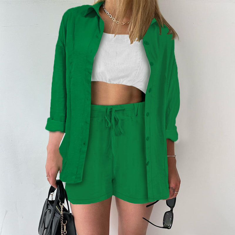 Damen Leinenoptik dreiteiliges Sommer-Lounge-Set mit Oversize-Hemd Cropped-Top und High-Waist-Shorts – Élanora