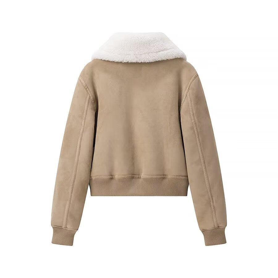 Damen Kurz geschnittene Bomberjacke mit Fake-Shearling-Kragen und Veloursoptik Echo Archiv
