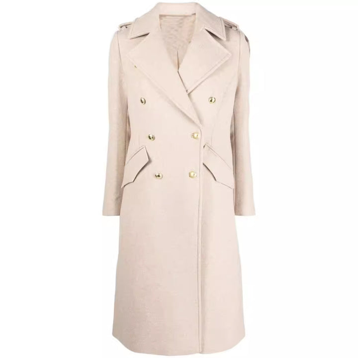 Damen Midilanger Doppelreihiger Tailoring‑Mantel mit taillierter Nahtführung und Zierriegeln Echoarchiv