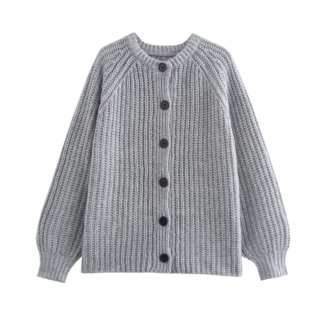 Damen grob gestrickte Raglan-Cardigan mit Ballonärmeln und durchgehender Knopfleiste – Veloura