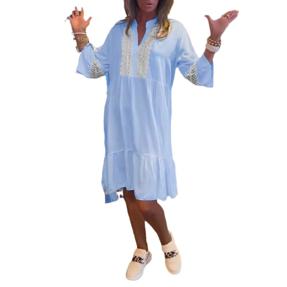 Damen nan lockeres Babydoll-Tunikakleid mit Spitzenpasse, V-Ausschnitt, Stehkragen und Stufenvolant Echo Archiv