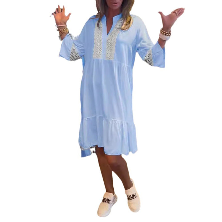 Damen nan lockeres Babydoll-Tunikakleid mit Spitzenpasse, V-Ausschnitt, Stehkragen und Stufenvolant Echo Archiv