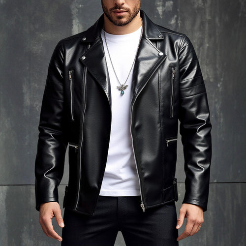 Herren Biker-Lederjacke mit asymmetrischem Reißverschluss und praktischen Taschen Echoarchiv