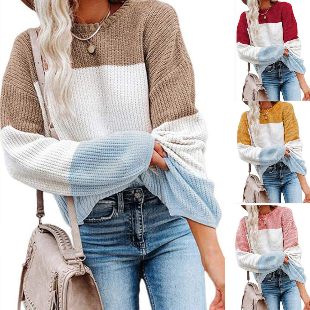 Damen Oversize Colorblock Strickpullover mit Ballonärmeln Echoarchiv