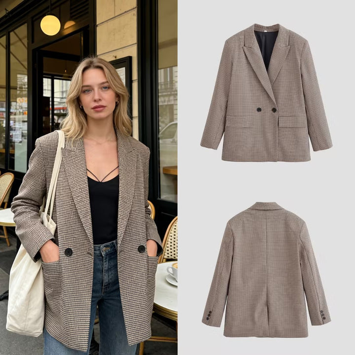 Damen Zweireihiger Oversize-Blazer mit Hahnentritt‑Muster und Pattentaschen Echo Archiv