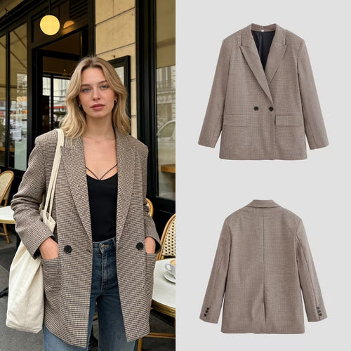 Damen Zweireihiger Oversize-Blazer mit Hahnentritt‑Muster und Pattentaschen Echo Archiv