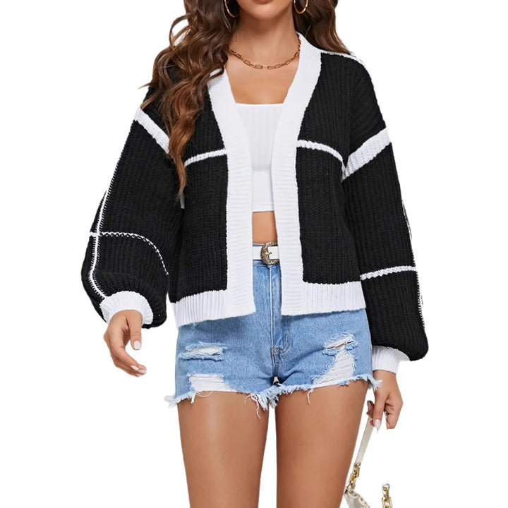 Damen Cropped Offene Strickjacke mit Boxy‑Silhouette und Ballonärmeln – Veloura