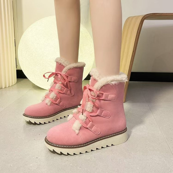 Damen gefütterte Schnürstiefelette mit Kunstfellkragen, elastischen Schlaufendetails und gezahnter Profilsohle – Lioré