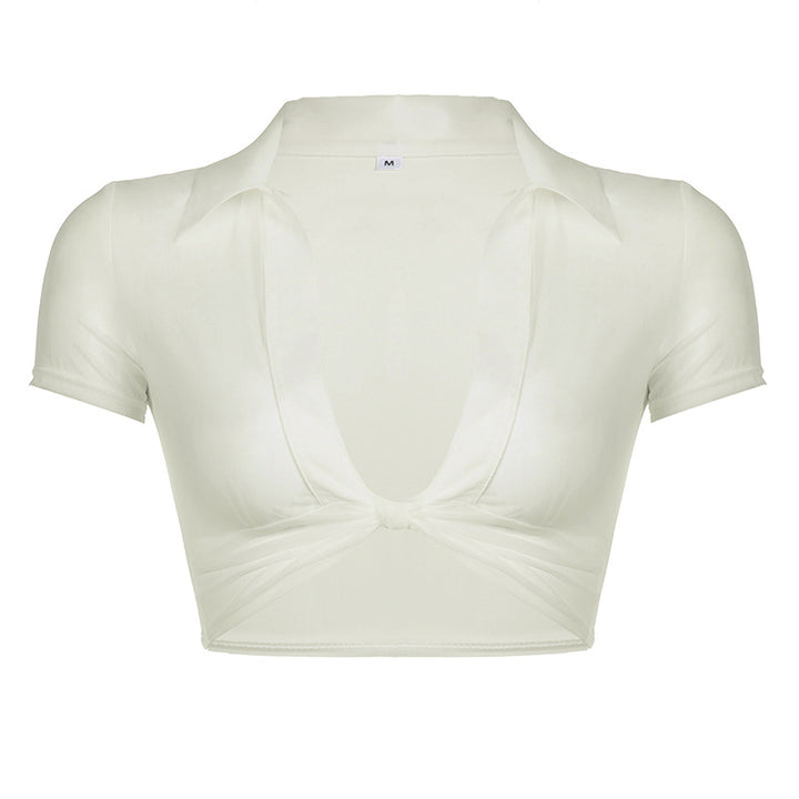 Damen Moderne cropped Bluse mit tiefem V-Ausschnitt und verspieltem Knoten Echo Archiv