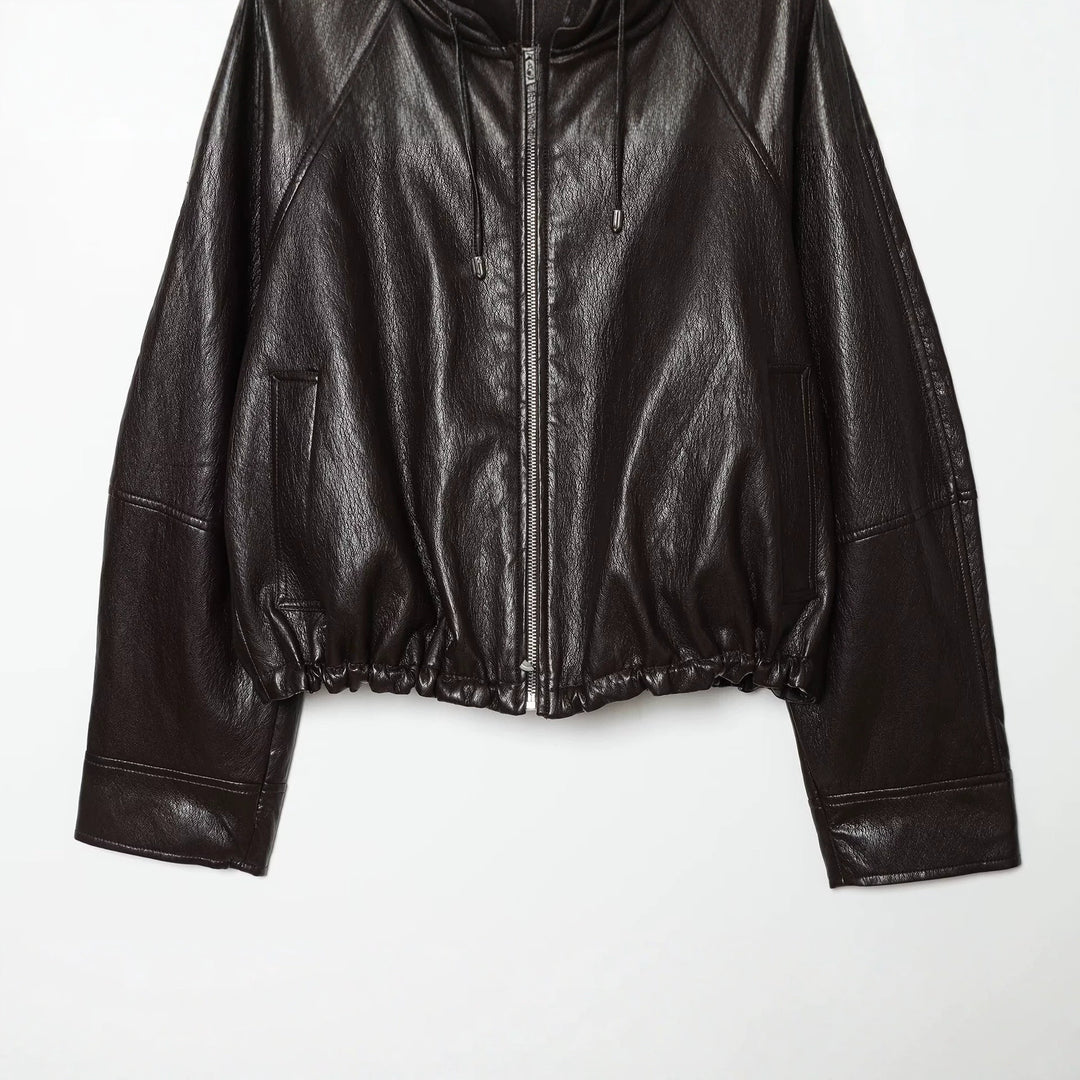 Damen Kapuzen-Leder-Bomberjacke mit Reißverschluss, Kordelzug und elastischem Saum Echo Archiv
