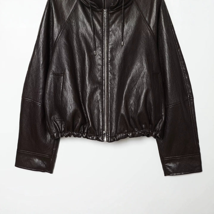 Damen Kapuzen-Leder-Bomberjacke mit Reißverschluss, Kordelzug und elastischem Saum Echo Archiv