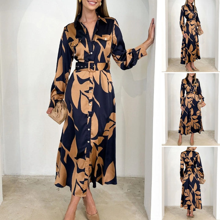 Damen nan fließendes Hemdblusenkleid mit Taillengürtel, Brustklappen und abstraktem Print Echo Archiv