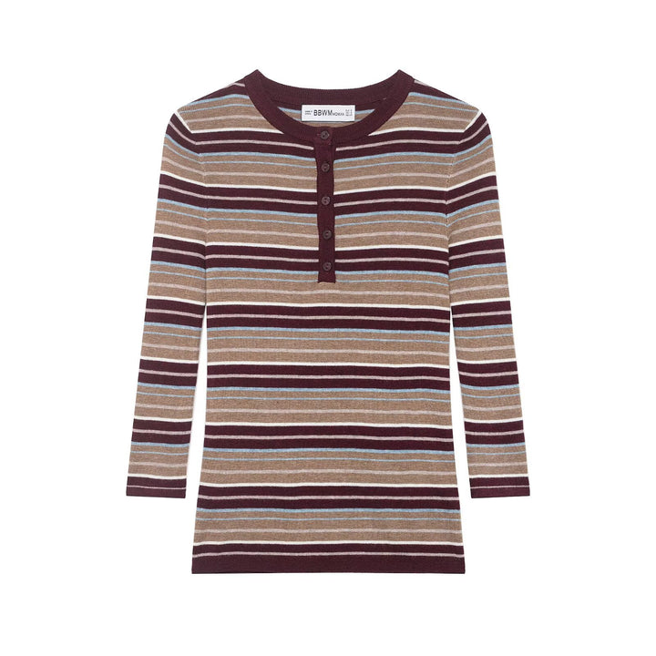 Damen Gestreiftes Feinstrick-Henleyshirt mit Knopfleiste und schlanker Passform Echoarchiv