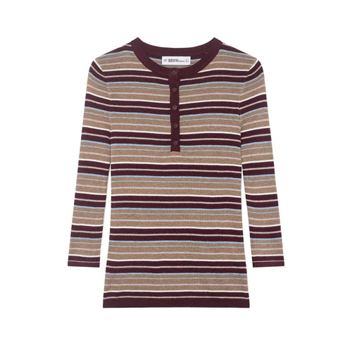 Damen Gestreiftes Feinstrick-Henleyshirt mit Knopfleiste und schlanker Passform Echoarchiv