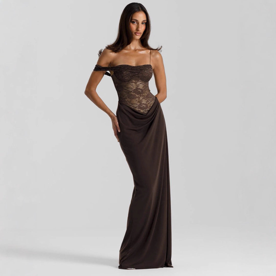 Damen Elegantes Cocktailkleid mit Spitzenoberteil und fließendem Rock Echo Archiv