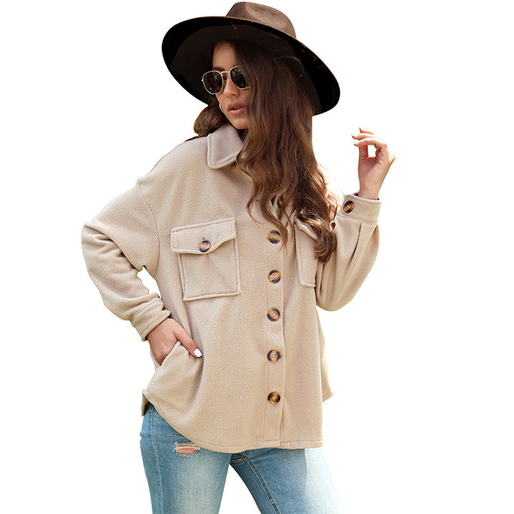 Damen Oversize-Fleece-Hemdjacke mit aufgesetzten Brusttaschen und durchgehender Knopfleiste Echoarchiv